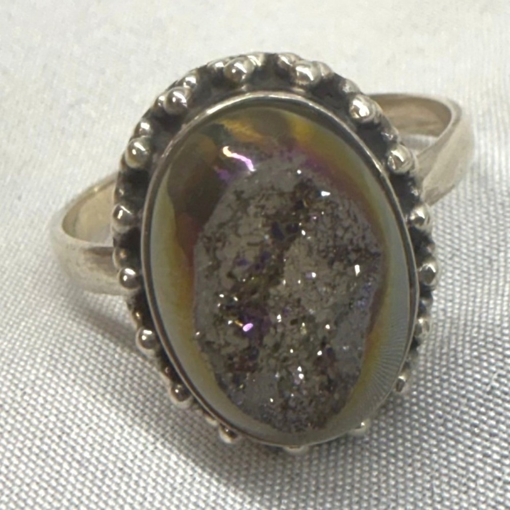 Unbranded Druzy Ring Women Size 10 Silver Good Sterling 925 Beaded Oval Geode